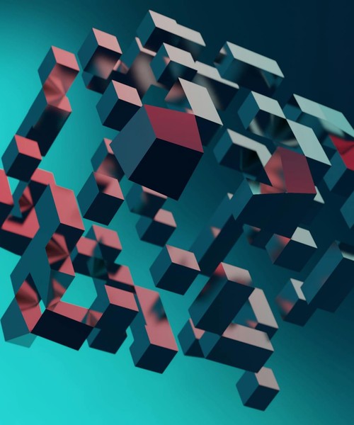 Abstract 3D cubes forming a complex geometric pattern with a futuristic style.